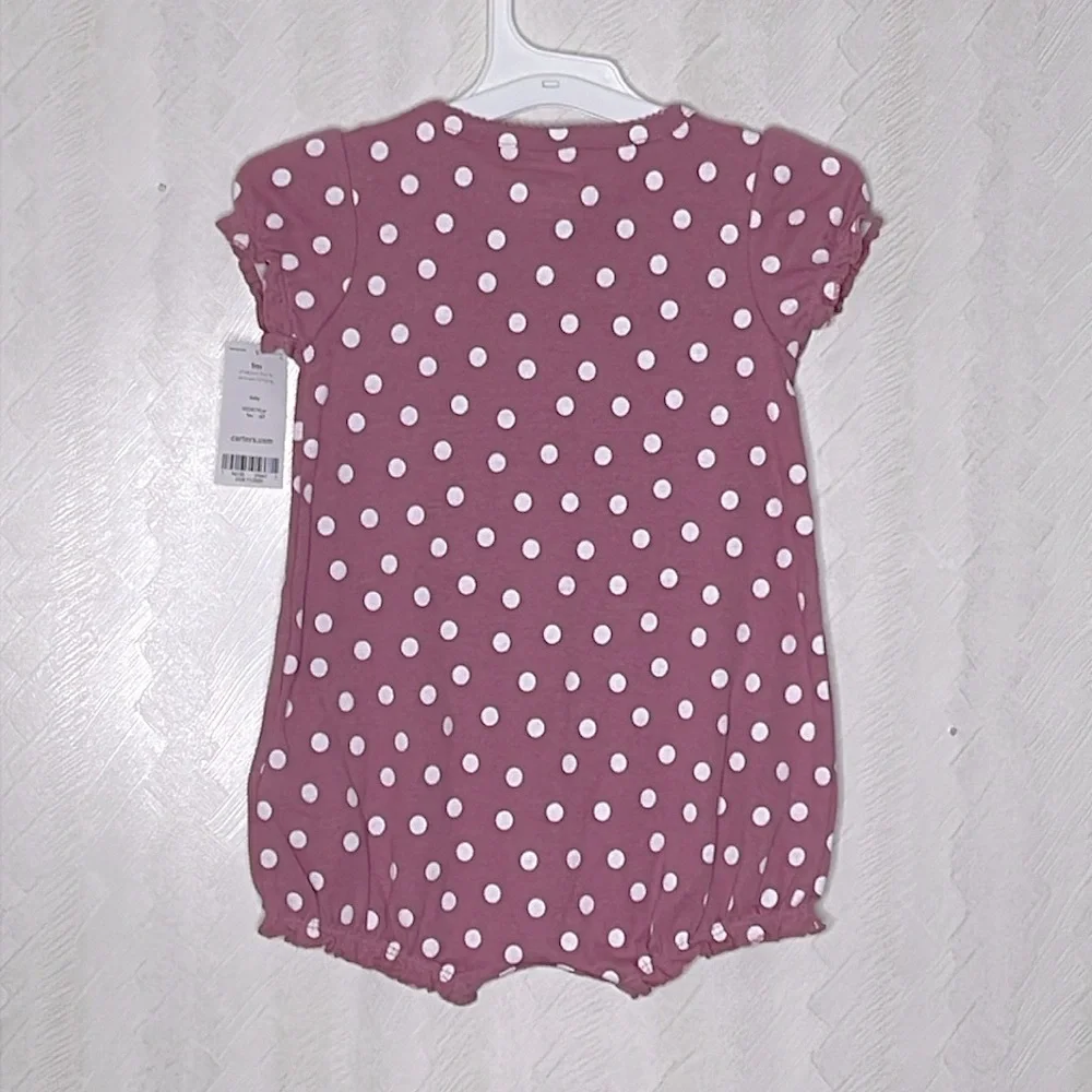 ❤️ CARTERS BABY Purple Romper with White Dots and Bee Patch Onsie 9 Months
